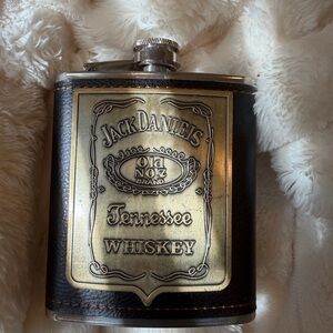Jack Daniels Brown and Gold Leather-Wrapped Flask